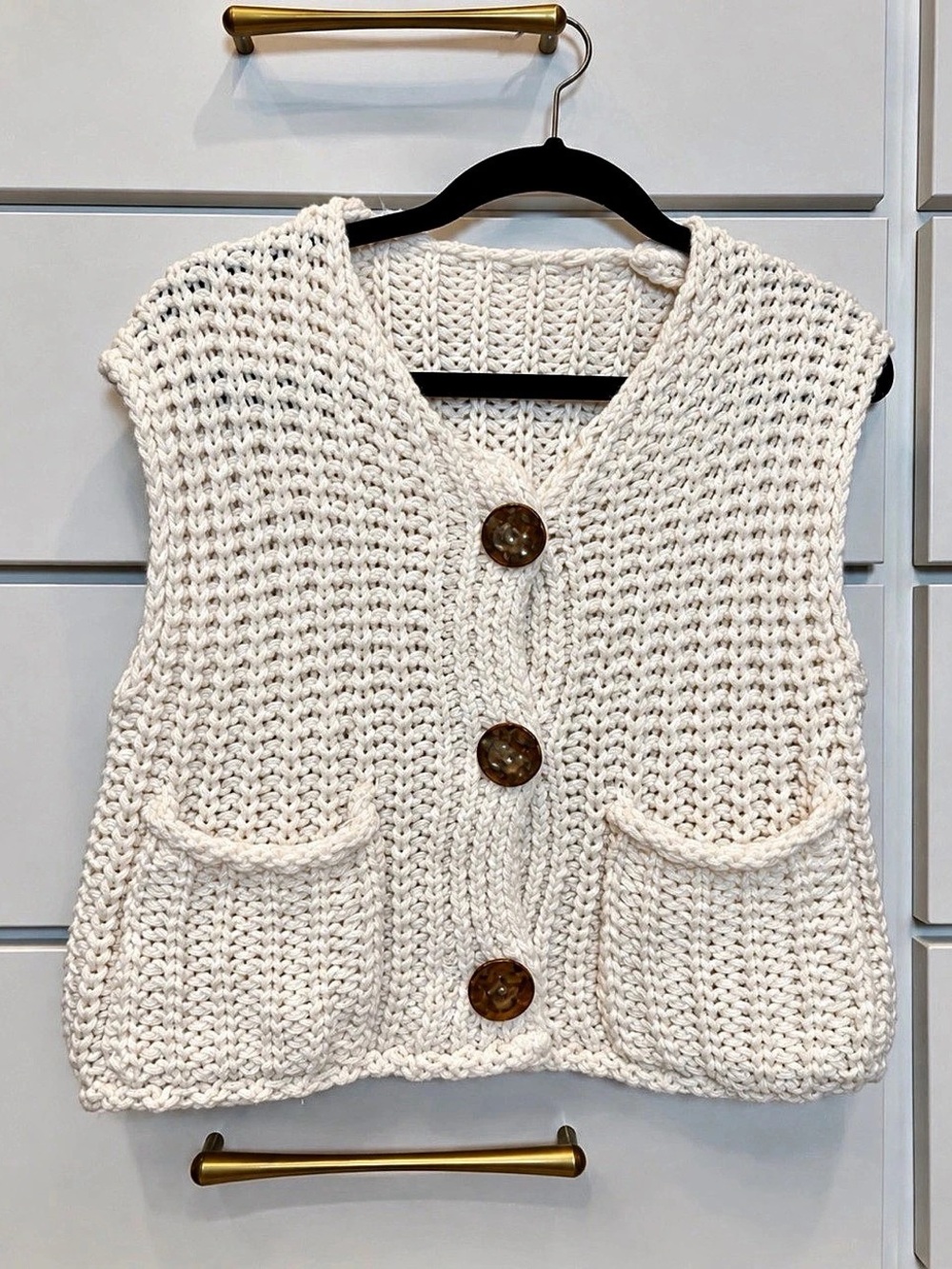 Textured Knit Button Vest in White